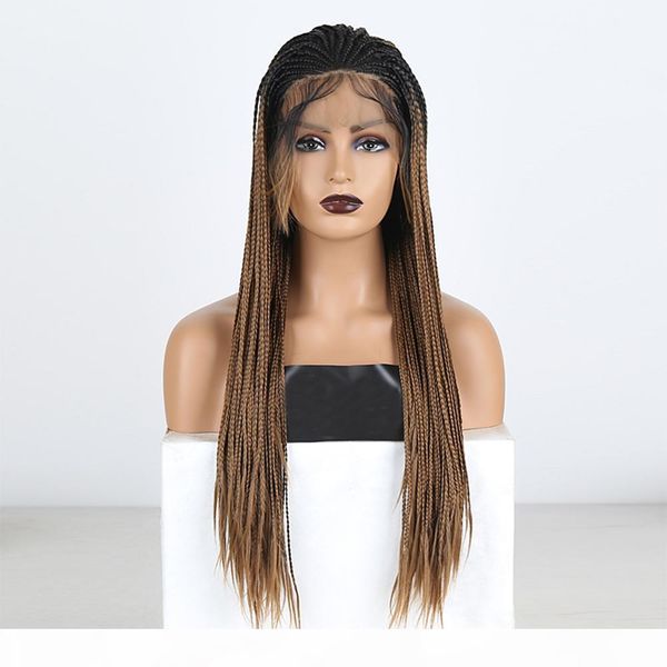 

two tone braided box braids wigs for women long synthetic lace front wig ombre brown heat resistant hair cosplay wig, Black
