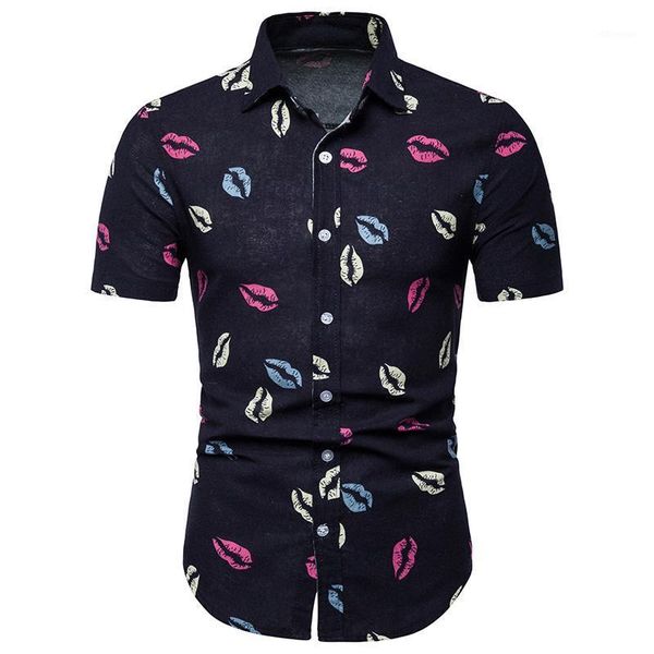 

men's casual shirts 2021 summer fashion male short sleeve shirt / man's slim lips print striped beach vacation flower blouse1, White;black