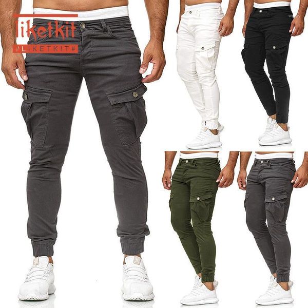 

liketkit mens casual joggers pants 2020 solid patchwork cotton cargo pants homme elastic skinny fitness trousers1, Black