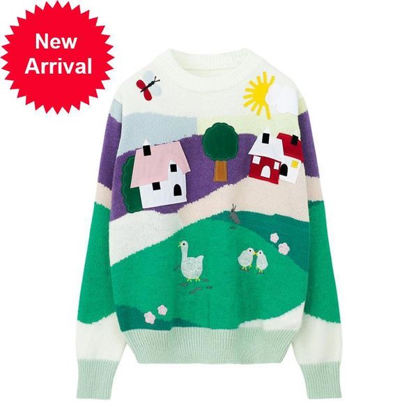 

2021 new autumn female fashion matching track fancy new design tree house printing pattern knitted sweaters 1tu3, White;black