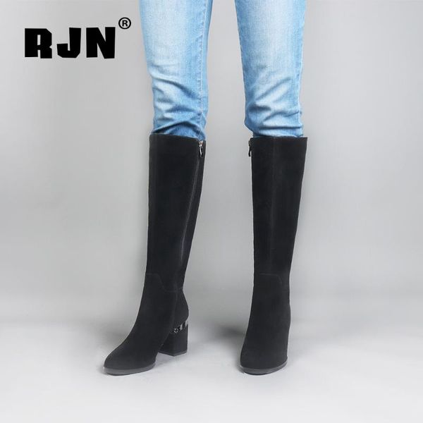 

rjn comfortable kid suede knee high boots silver high heel unqie zipper round toe solid shoes women long boots for winter r16, Black