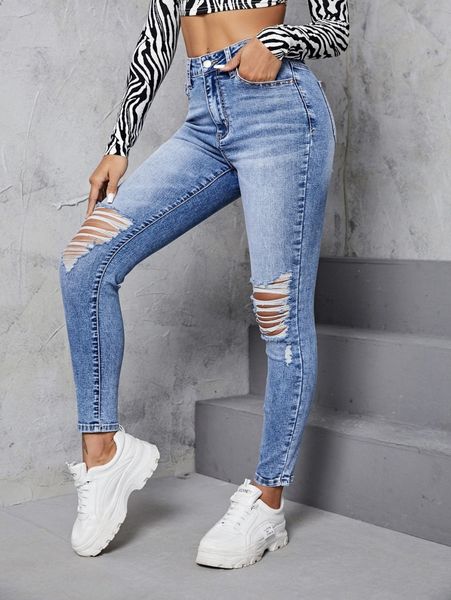 

zipper fly ripped skinny jeans 32gv#, Blue