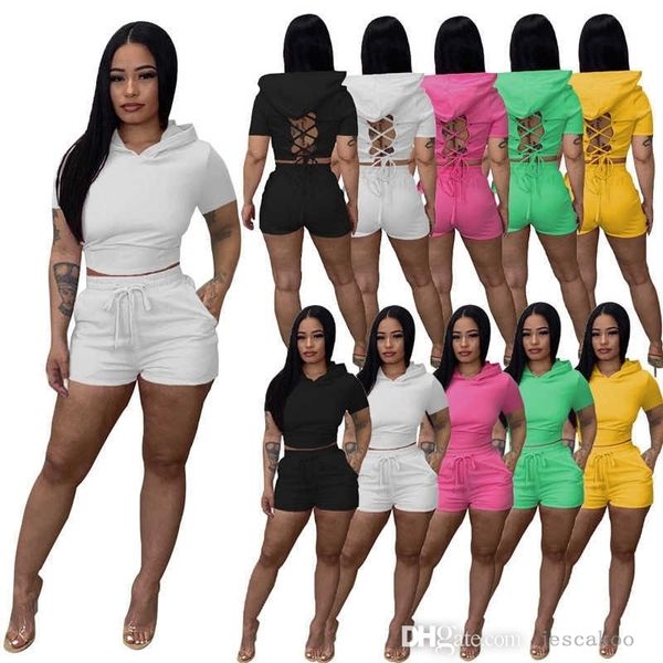 

designer 2 piece short pants outfits women hooded shorts sets 2022 summer tracksuits hollow out drawstring sweatsuits, White