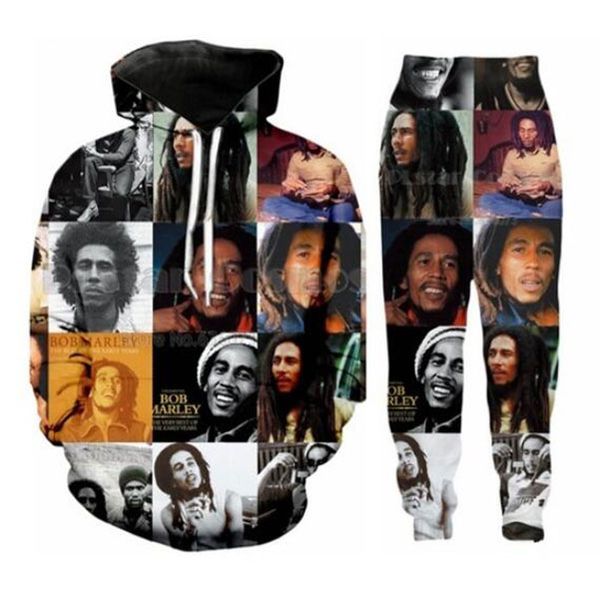 

wholesale--new fashion men/womens bob marley sweatshirt joggers funny 3d print hoodies+pants rj03, Gray