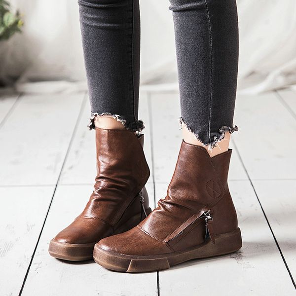 

2020 new boots mid-calf boots women shoes flat round toe motorcycle luxury zipper, Black