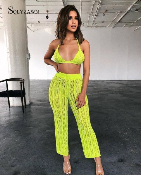 

summer fishnet knitted two piece set women see through night club suits bra pants casual beachwear outfits plus size1, White