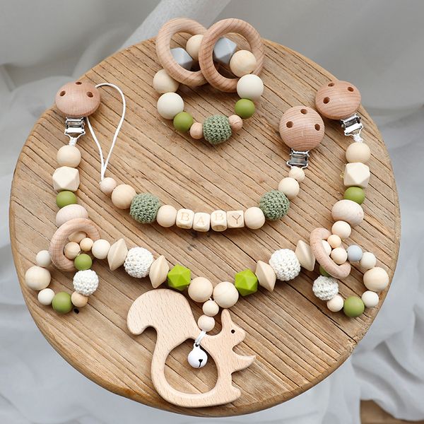 

toys silicone beads teethers wooden rings handmade bracelet pacifier chain clips teething pram stroller bell baby products c1016