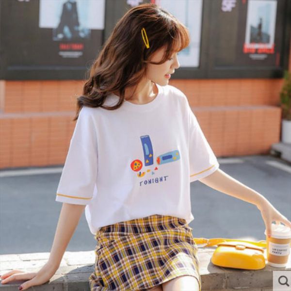 

t shirt female summer short sleeve cotton loose student 2021 new ins trend casual casual half sleeve dress c, White