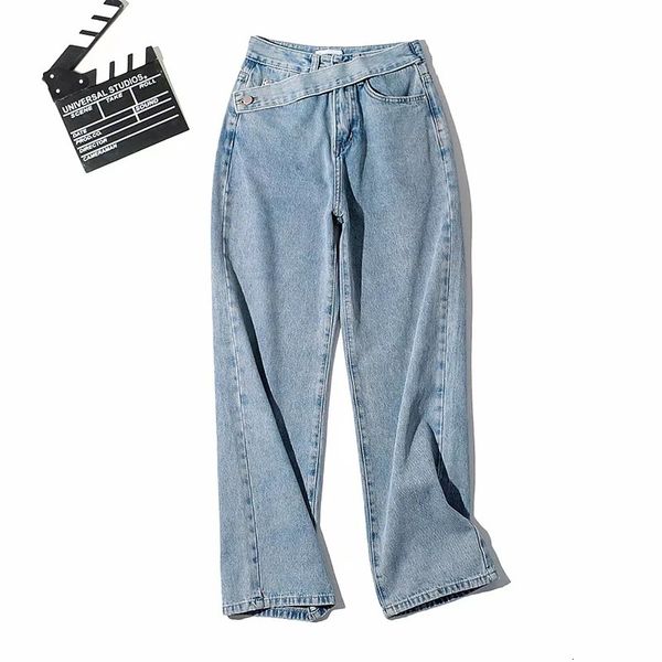 

2021 new 21 year jeans women's autumn winter straight mop bf high waist inclined belt loose wide leg pants bi4l, Blue