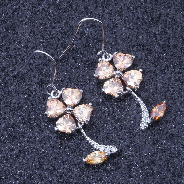 

dangle & chandelier flower shaped champagne cubic zircon silver colour clover engagement drop earrings e405