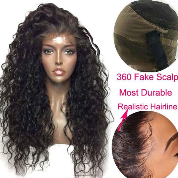 

hd lace wig preplucked water wave wig bleached knots black fake scalp remy women 360 lace frontal transparent wig, Black;brown