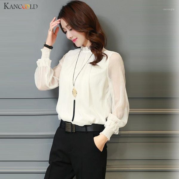 

kancoold shirt blouse women long sleeve stand chiffon lace shirts casual perspective fashion new shirts women 2019 nov81, White