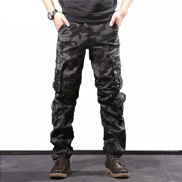 

men's camouflage pants cotton military cargo pants men multi pockets camo joggers overalls army combat trousers men clothing 201110, Black