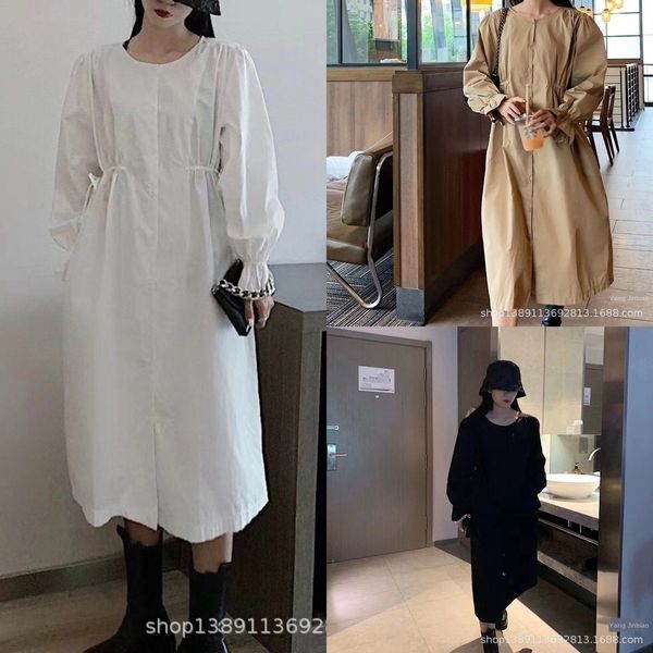 

wc4bl 20 autumn simple korean fashion new side drawstring high waist loose u121 length long sleeve dress dress medium pxrsh, Black;gray