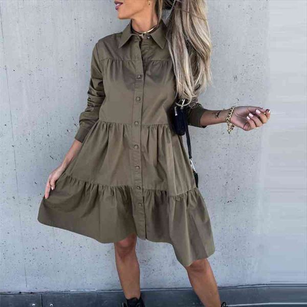 

women elegant solid long sleeve button party dress fall fashion lapel pleated ruffle female mini dress casual loose shirt, Black;gray