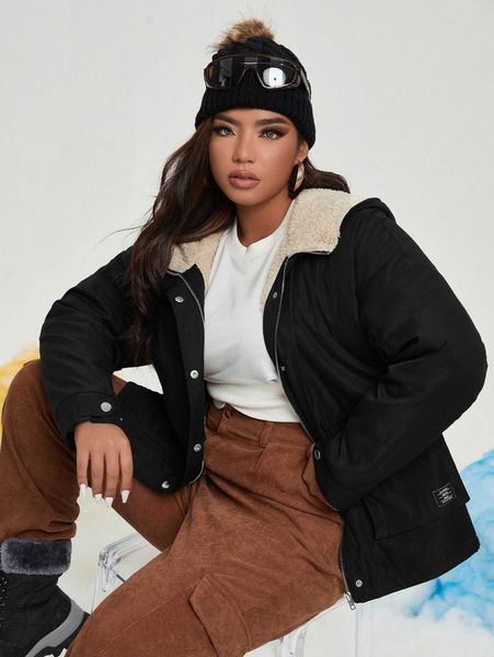 

plus letter patched contrast collar coat c2c2#, Black