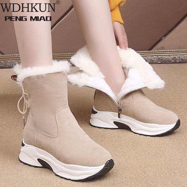 

winter platform genuine leather snow boots female casual shoes fur woman booties black lace-up ankle boot botas mujer