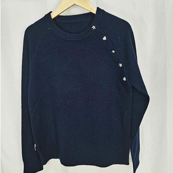 

women shoulder buttons sweater o-neck 100% cashmere o-neck casual autumn new long sleeve knitwear, White;black