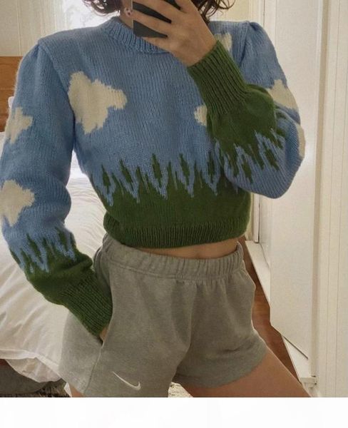 

woman sweaters retro vintage blue sky white cloud o neck long puff sleeve jumper pullovers contrast color loose knitwear, White;black
