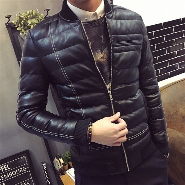 

fashion striped winter cotton padded pu leather men slim fit thickening mens jacket men's clothing plus size m-4xl mf16 c1103, Black;brown