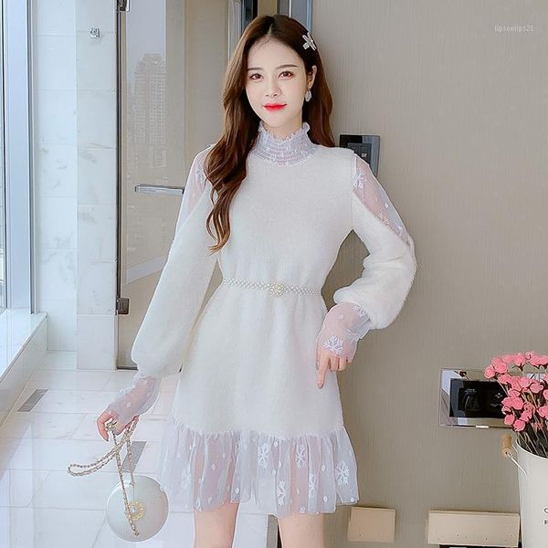 

casual dresses coigarsam patchwork women dress knitting lace mesh high waist 82701, Black;gray