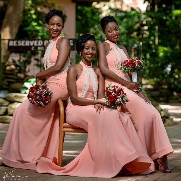 

2021 african blush pink bridesmaid dresses mermaid halter sleeveless pearls floor length satin plus size country maid of honor party gowns, White;pink
