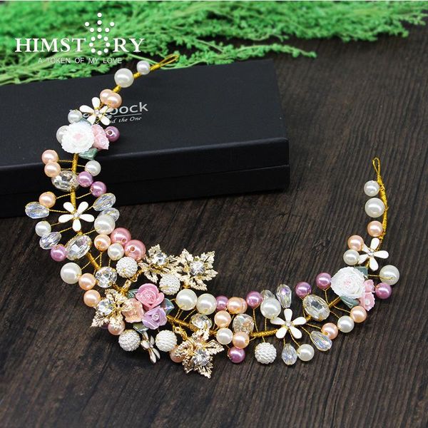 

himstory beading handmade color hairband ceramic flower leaves pearl shell beads crytal rich wedding brida hair jewelry, Golden;silver