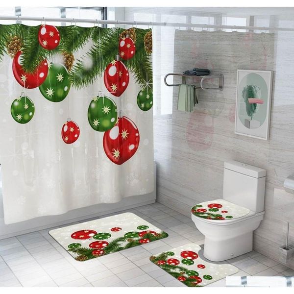 

christmas theme 4pcs bath mat set waterproof bathroom shower curtain non-slip carpets toilet seat cover bath m qylghf tore2010