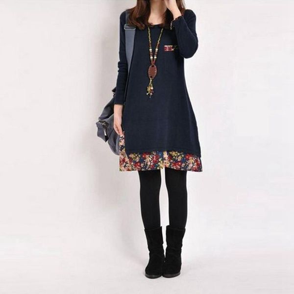 

casual dresses 2021 plus size women vintage dress o neck pocket floral hem long sleeve mini loose autumn t-shirt 4xl 5xl1, Black;gray