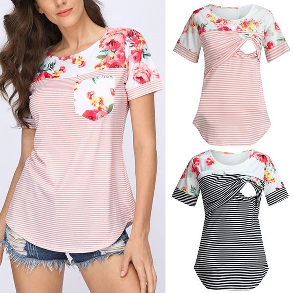 

2020 summer women pregnancy maternity clothes breastfeeding t shirt stripe floral short sleeve casual loose nursing tee lj201114, White