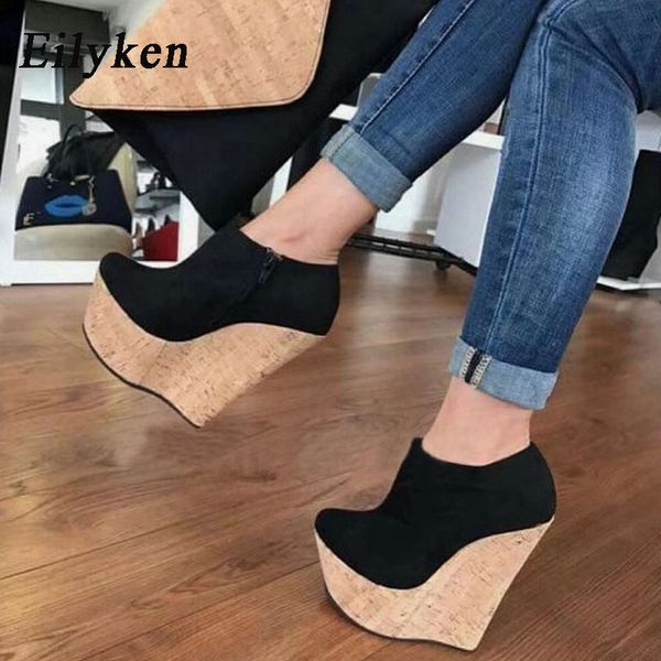 

eilyken spring autumn fashion flock round toe zip cork platform wedges heel mules woman pumps nightclub shoes 1007, Black;white