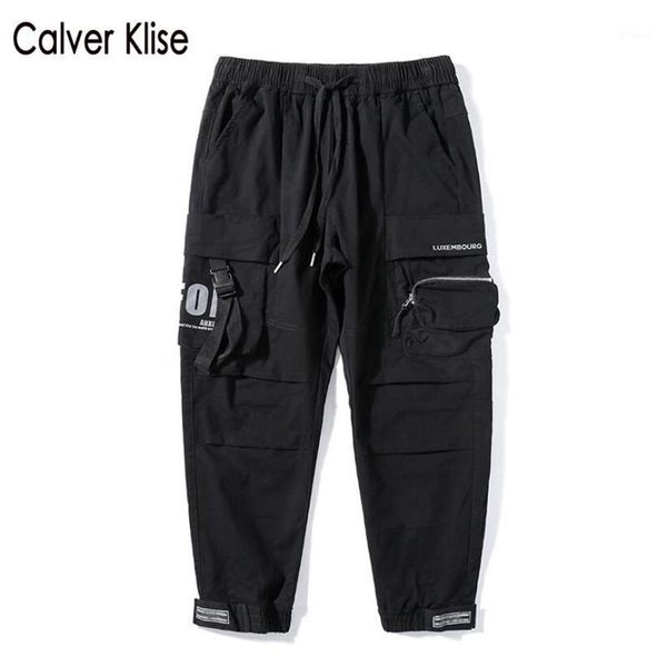 

calver klise high street cargo pants mens ribbon multi-pocket harem trousers hip hop streetwear jogger sweatpants casual pant1, Black