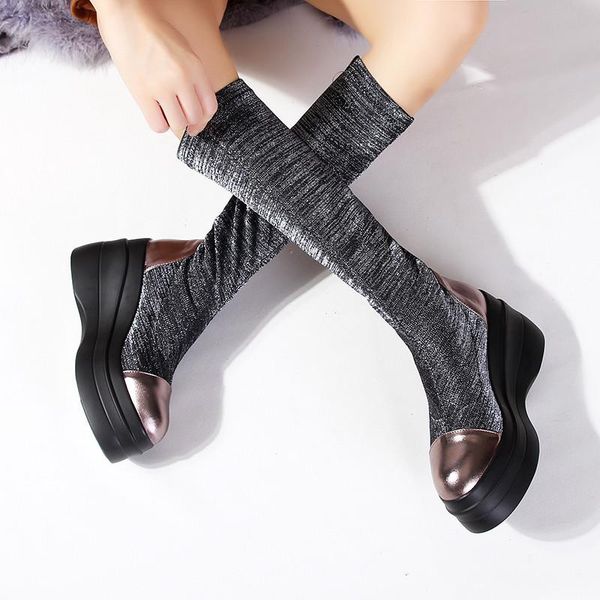 

ymechic 2020 autumn stretch stocking mid calf high platform punk boots wedges creepers long knight ridding boots gothic shoes, Black