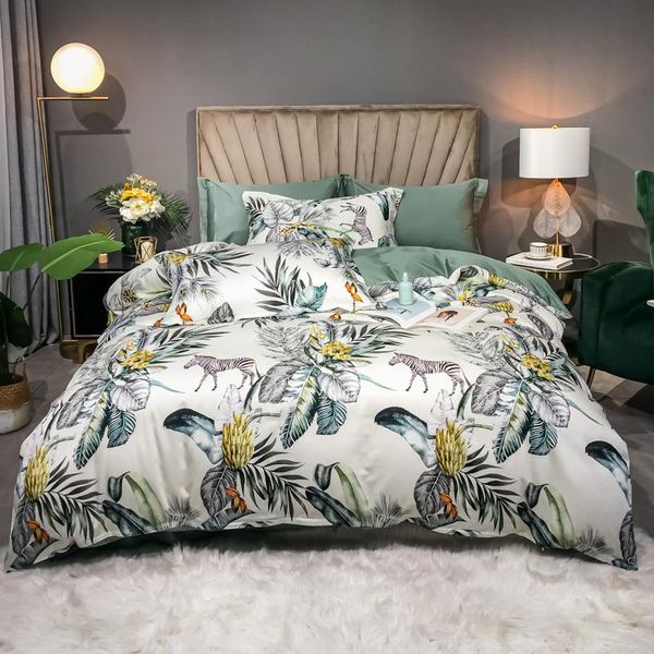 

4 piece quilt covers sets king size duvet cover 220*240cm silky egypt cotton bed linen leaves flowers zebra print bedding set
