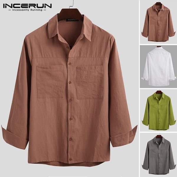 

men's casual shirts mens solid color pockets camisa fashion long sleeve lapel vintage cotton blusas loose buttons chemise streetwear in, White;black