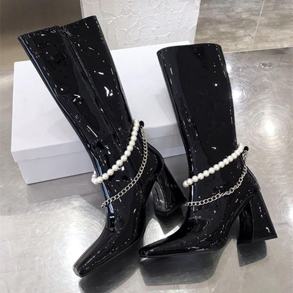 

2020 autumn and winter long boots genuine patent leather high heel 9cm women boots crystal decoration fashion shoe, Black