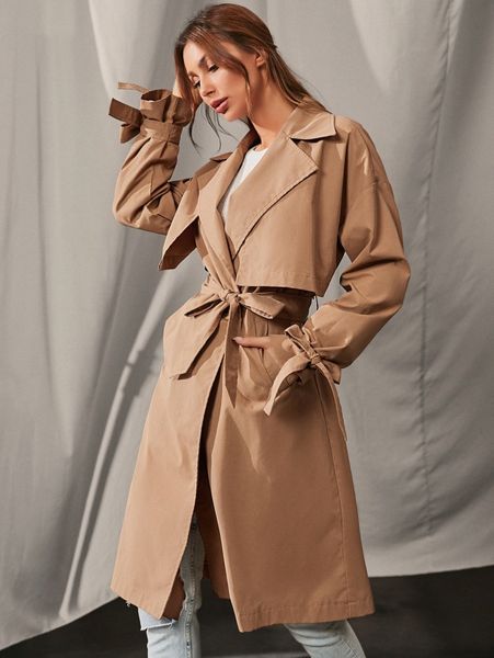 

luukse lapel neck slant pockets drop shoulder belted trench coat o03j#, Tan;black