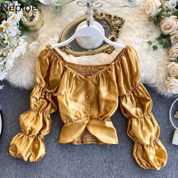 

neploe court style puff long sleeve pleat blouse women slim fit square collar button design blusas solid short satin shirt 490511, White