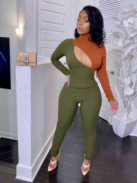 

women ribbed zipper hollow long sleeve skinny and high elastic pencil legging autumn winter clothes warm two piece outfits, Gray