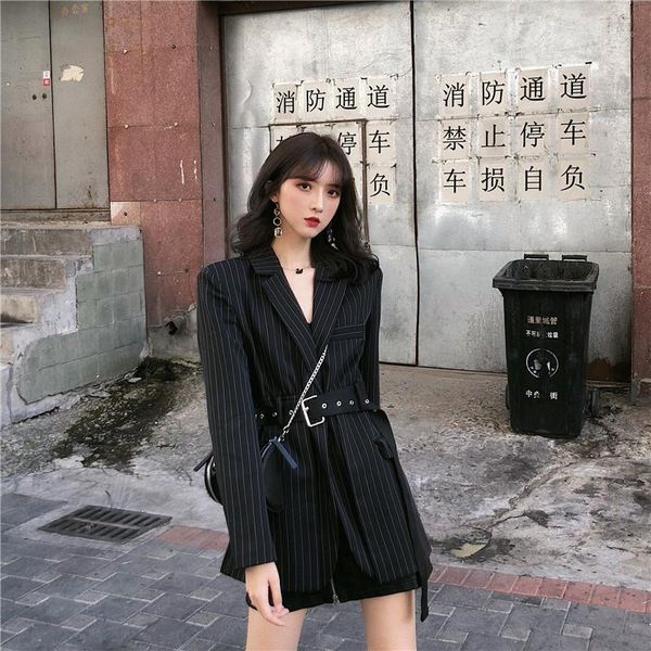 

fashion women winter jacket coat long sleeve striped autumn casual clothing slim belt peplum cardigan outerwear blazer1, White;black