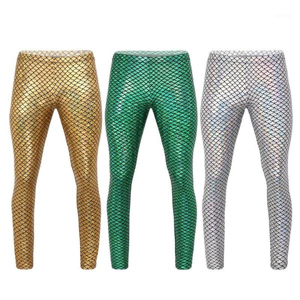 

men shiny mermaid fish scales printed mid rise elastic waistband skinny leggings tights club party festival rave dance costume1, Black