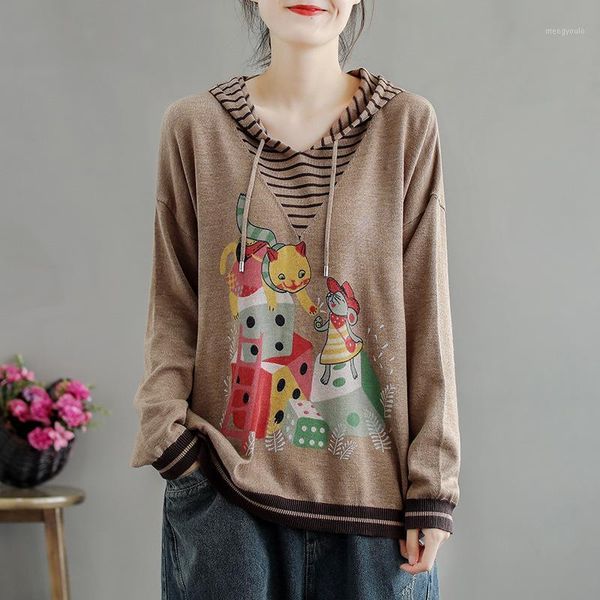 

pretty cute cat with mouse printing women sweater hooded drawstring long sleeve pullovers knitted striped pull femme 20201, White;black