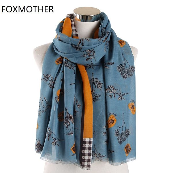 

new floral scarves for women pashmina orange blue smaller flower plaid tree branches foulard femme scarfs ladies t200407, Blue;gray