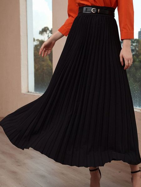 

solid high waist belted pleated skirt l1dy#, Black