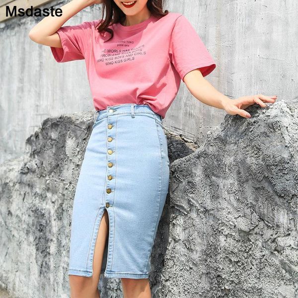 

denim jean skirt women single breasted button autumn wear high waist elastic female midi slim skirt ladies womens jeans skirts1, Black