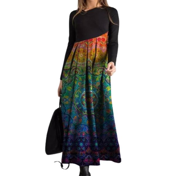 

women autumn winter long sleeve digital print patchwork large hem maxi, Black;gray