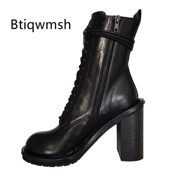 

black real leather ankle boots women round toe side zipper high heel shoes woman fashion martin boots