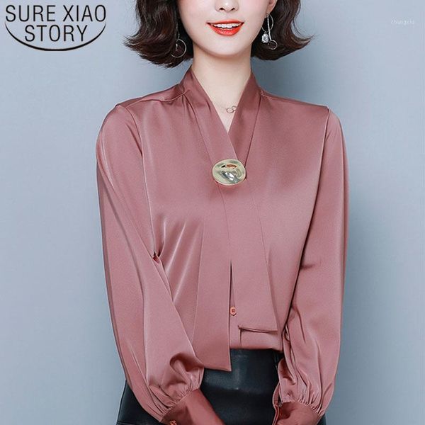 

2020 spring new solid satin bow metal buckle plus size women long sleeve chiffon women blouses blusas mujer de moda 7206 501, White