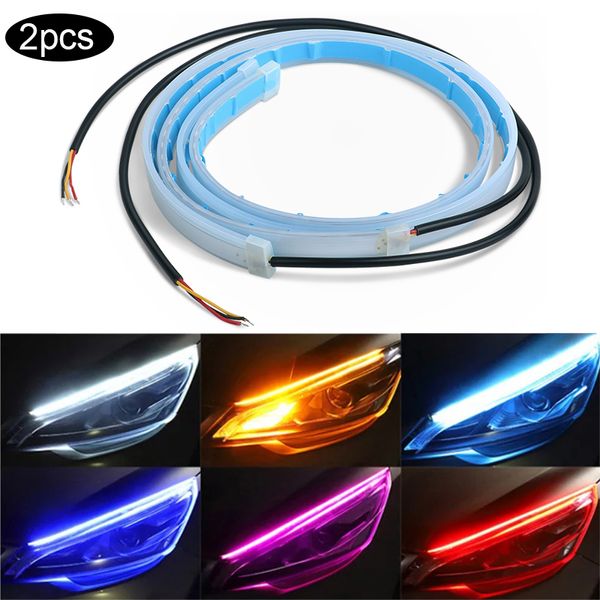 

2pcs led drl car daytime running light flexible waterproof strip auto headlights dynamic streamer white turn signal yellow 12v