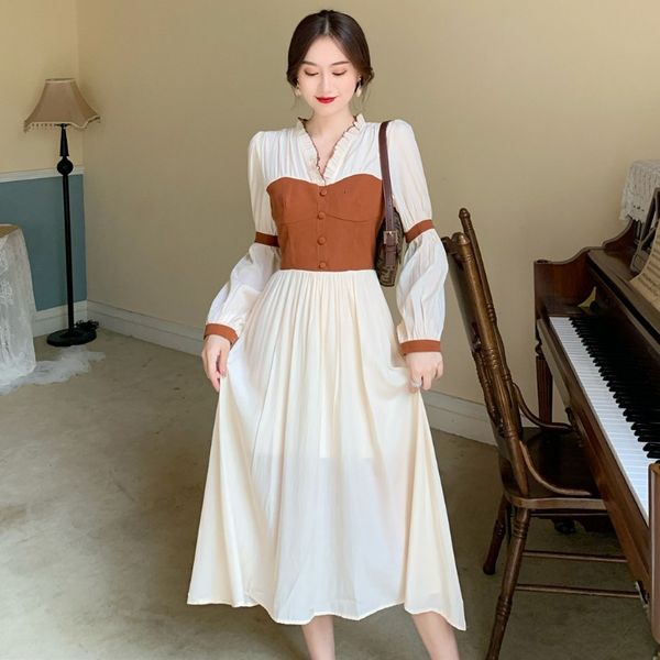 

fall 2020 new french v-neck long sleeve color contrast stitching waist closing dress for women